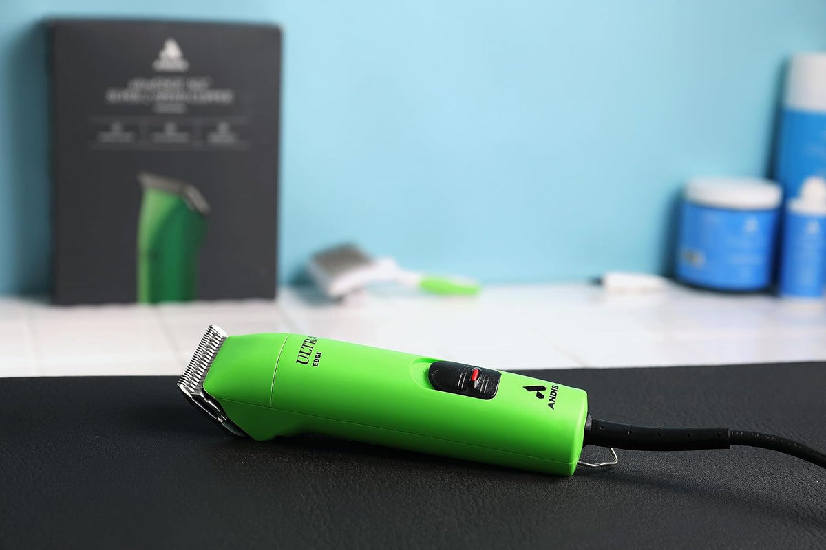 Premium USA imported Andis professional dog clipper packaging and included accessories.