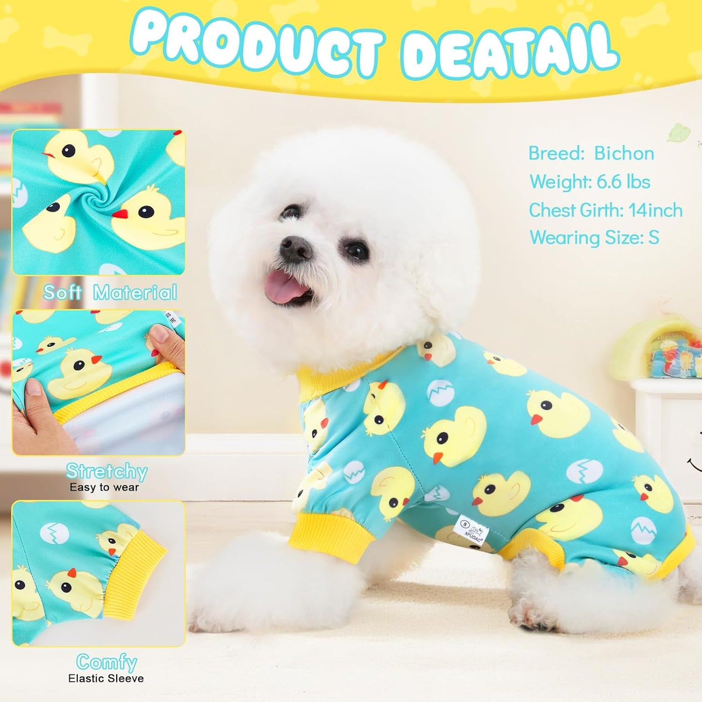 XPUDAC stretchy pet jumpsuit side profile highlighting the snug 4-leg coverage on a puppy.
