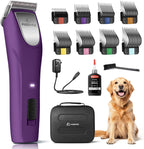 FuzzyFix professional dog clippers front view showing the violet cordless body and alloy steel blade.