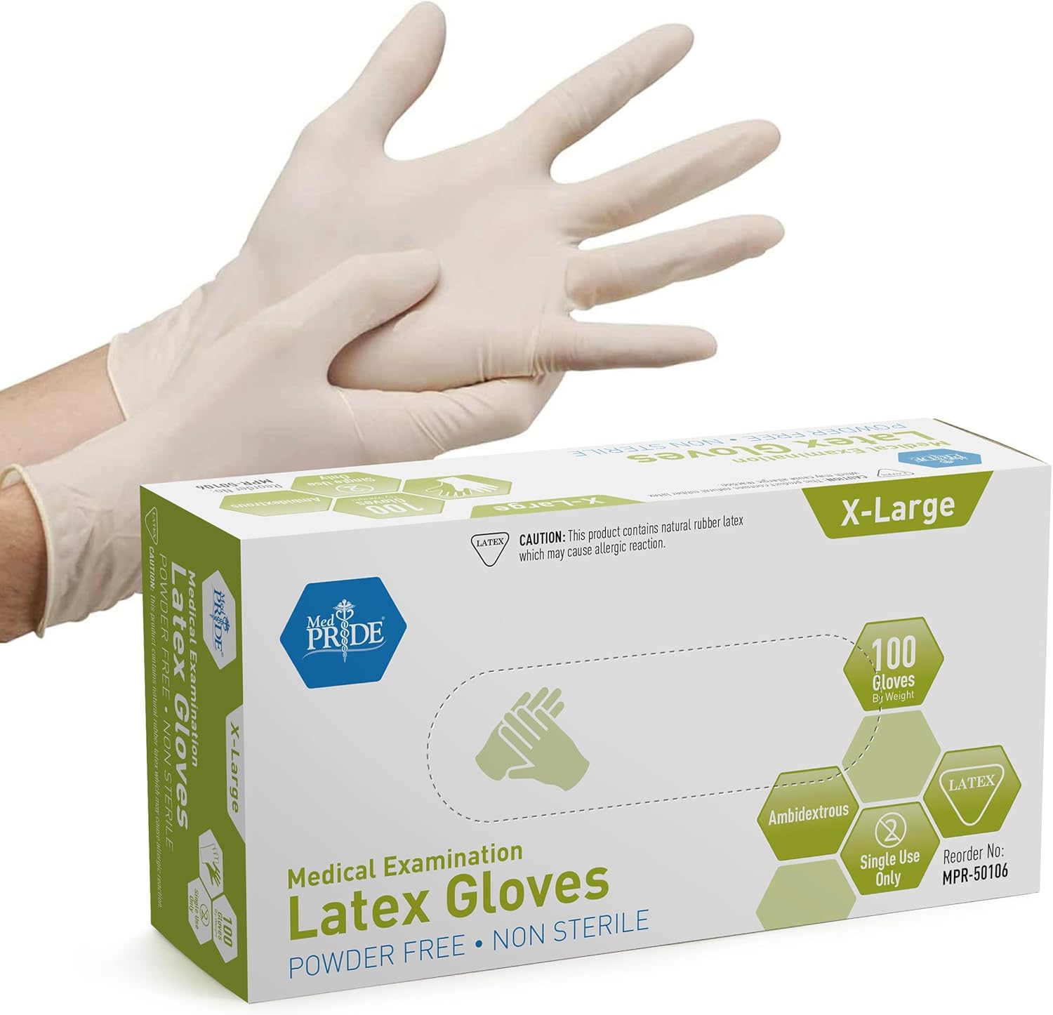 MED PRIDE Medical Latex Examination Gloves front view of 100 count box