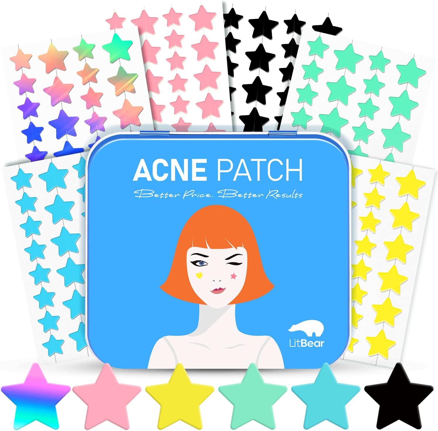 LitBear Acne Pimple Patch front view of the blue metal storage tin and star stickers.