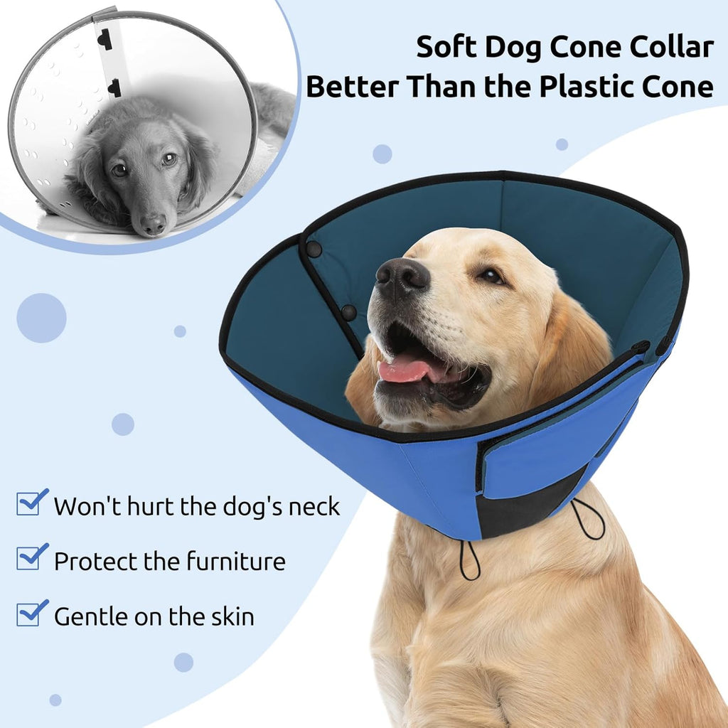 Extra large soft doggy cone demonstrating flexible breathable fabric material