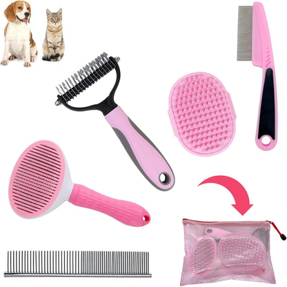 Master Queen Dog Grooming Kit front view showcasing five pink styling tools arranged neatly outside their pink carrying pouch