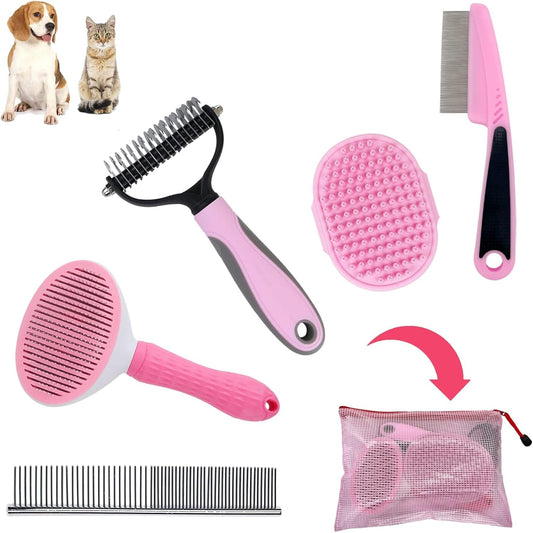 Master Queen Dog Grooming Kit front view showcasing five pink styling tools arranged neatly outside their pink carrying pouch