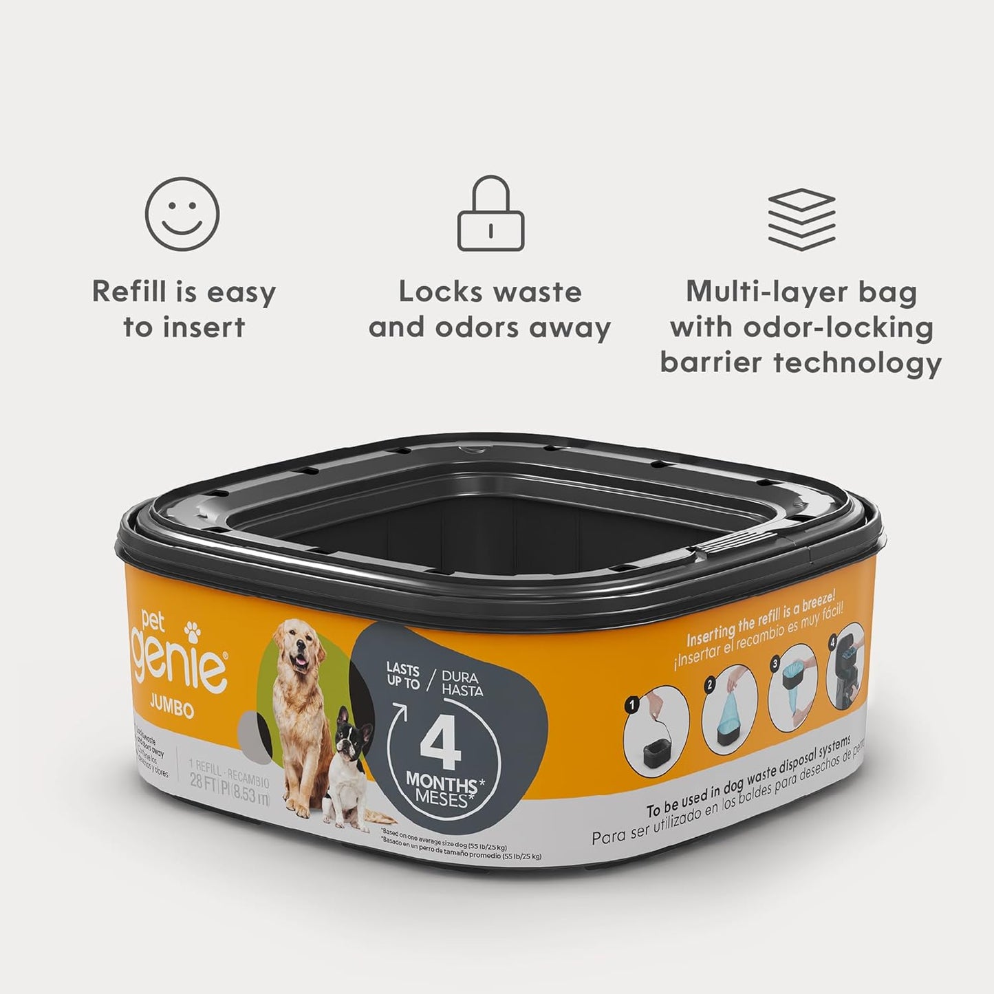 Multi layer odor locking barrier film detail on Pet Genie jumbo pack