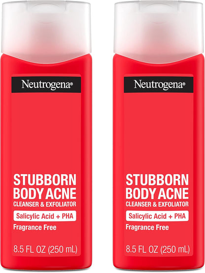 Neutrogena stubborn body acne cleanser and exfoliator packaging displaying the fragrance free callout.