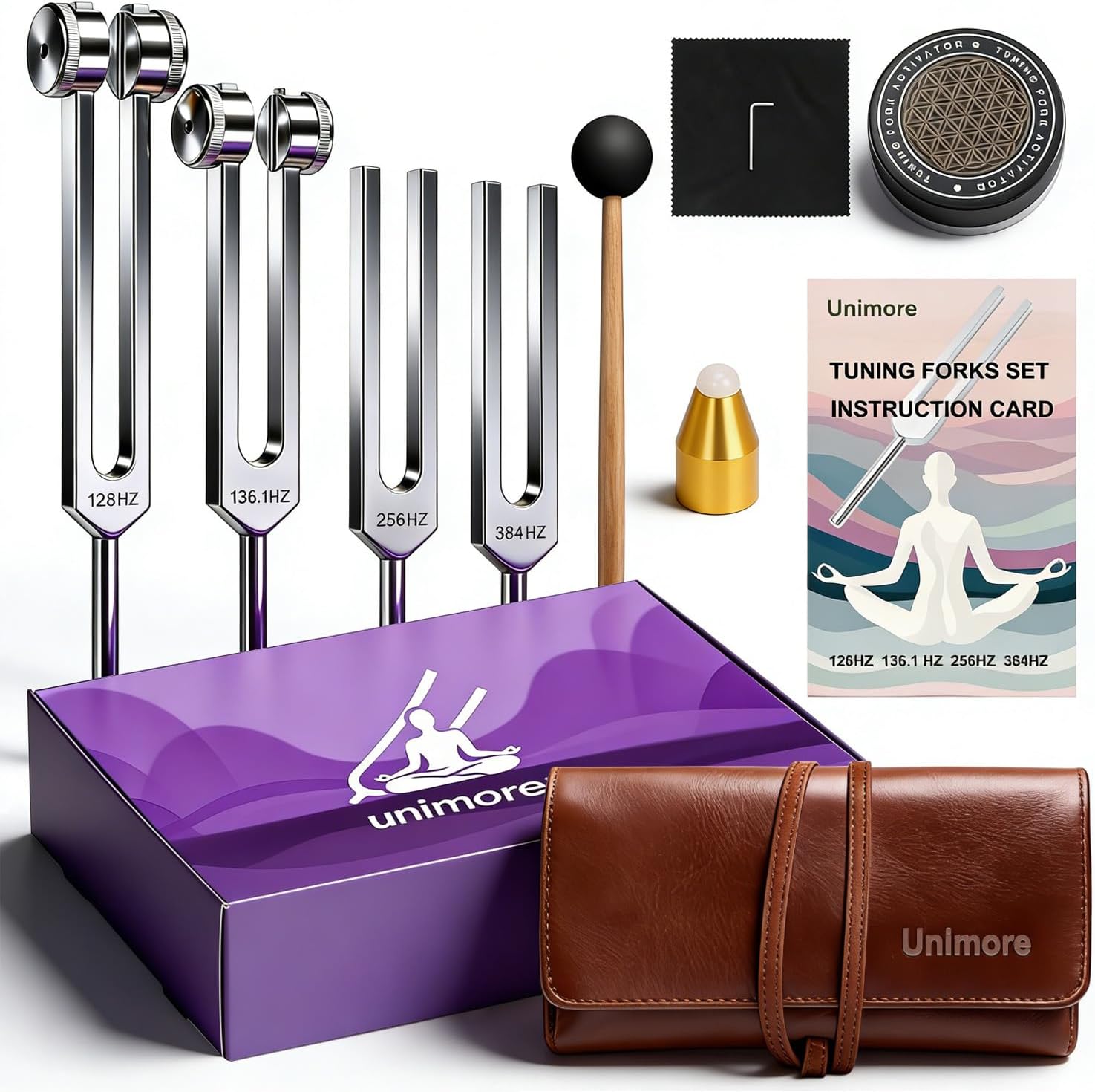Unimore tuning forks for healing set front view in purple gift box.