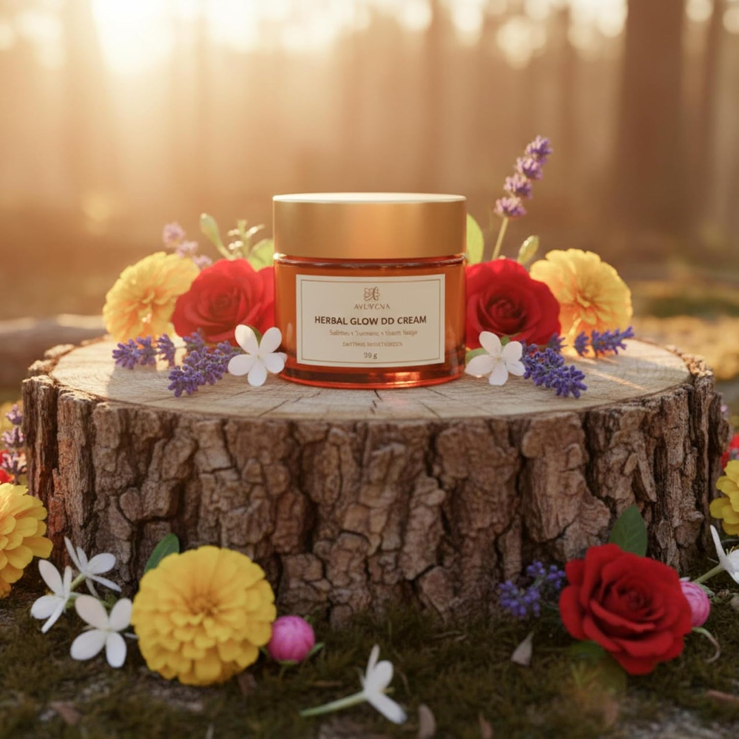 Lotus Herbals AYUVENA Herbal Glow DD Cream front view of the golden lid jar for radiant daily skin priming.