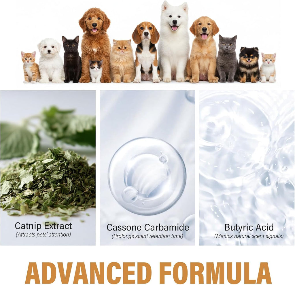Verdoria pet bathroom guide spray bottle next to a domestic puppy on an artificial turf mat