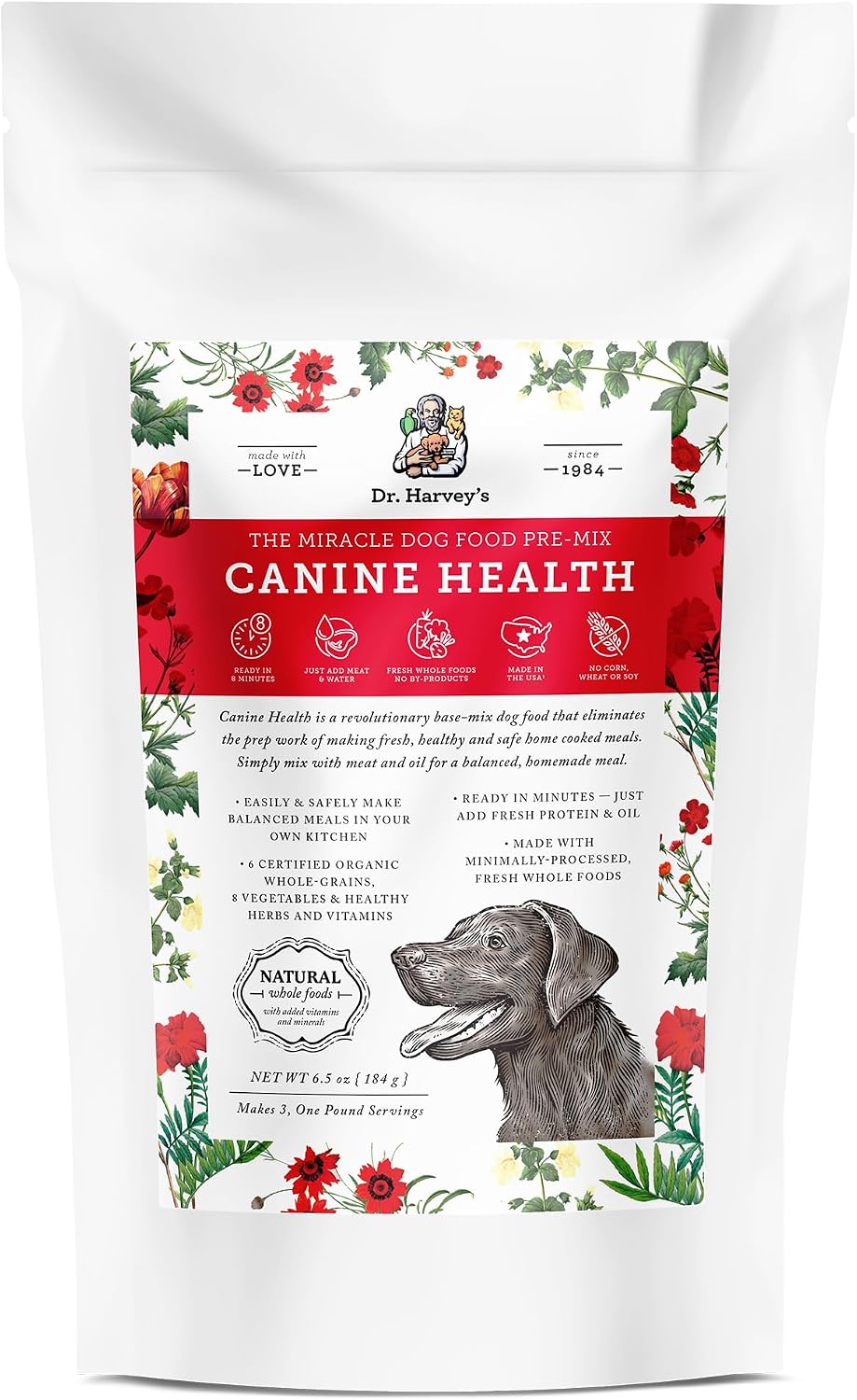 Dr. Harvey's Canine Health bag with healthy dog feeding concept