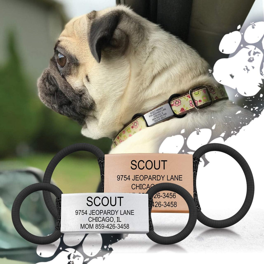Close up of surgical grade stainless steel custom dog tag with clear printed contact details.