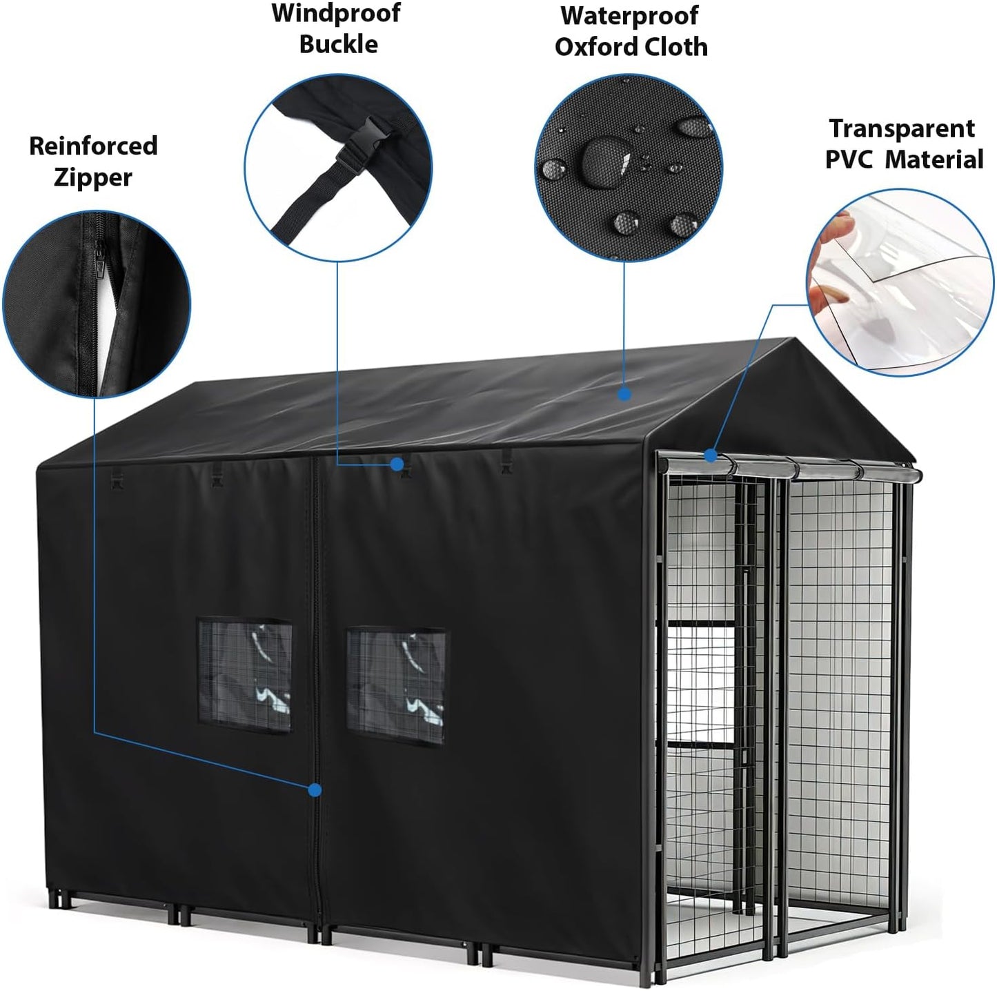 Windproof large dog house cover displaying the secure bottom straps and fasteners.