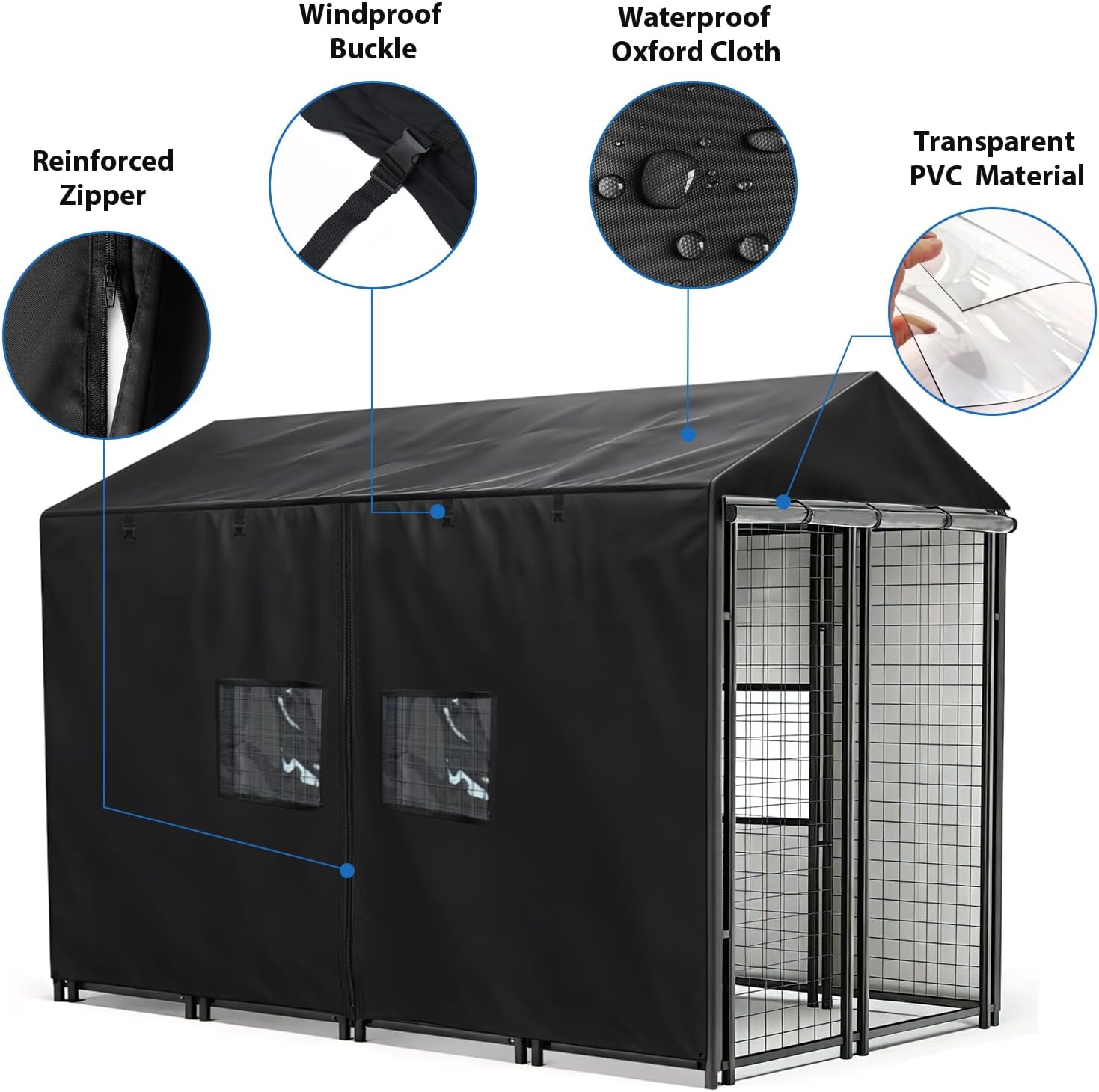 Windproof large dog house cover displaying the secure bottom straps and fasteners.