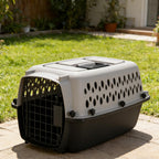 Petmate plastic pet crate front view showing the secure metal wire door.
