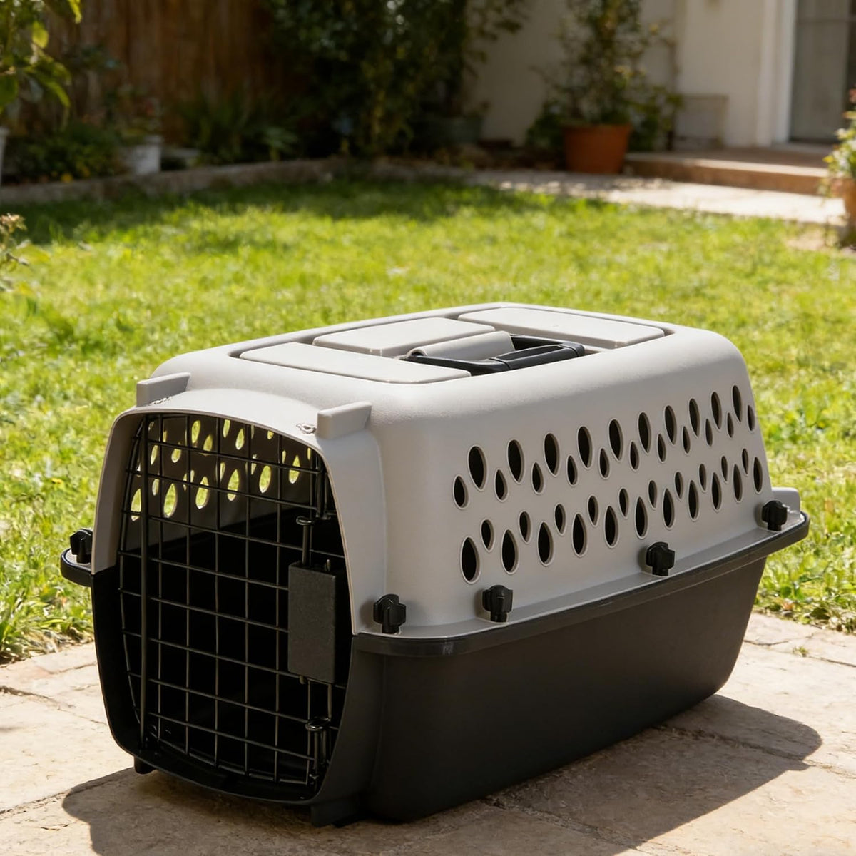 Petmate plastic pet crate front view showing the secure metal wire door.