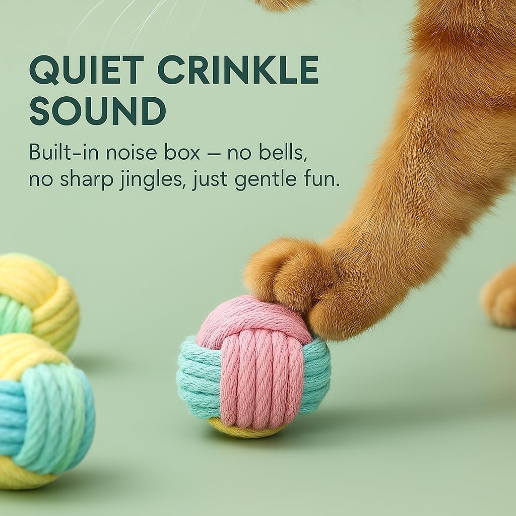 Cat playing with multicolor rope chew ball
