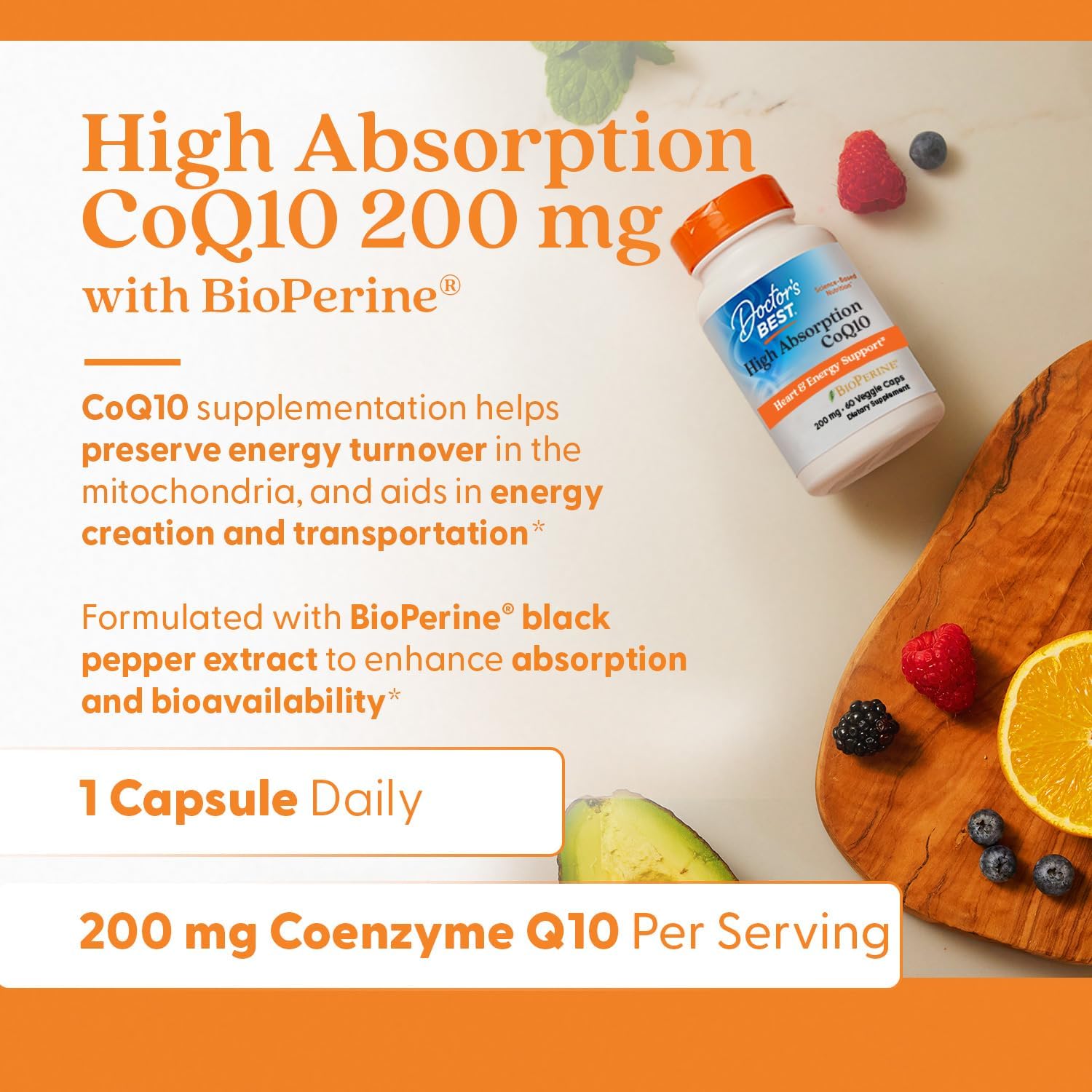 Doctor's Best Coenzyme Q10 200 mg packaging showing non GMO and gluten free certifications