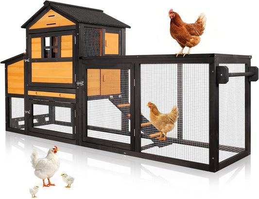 Chicken Coop with Run for 4-6 Chickens, Outdoor Mobile Hen House with Wheels, Easy Clean Nesting Box and Tray, Waterproof Asphalt Roof, Better Airflow, Wooden Poultry Cage, Brown, 81.5"x25.6"x44.1" - Image 1