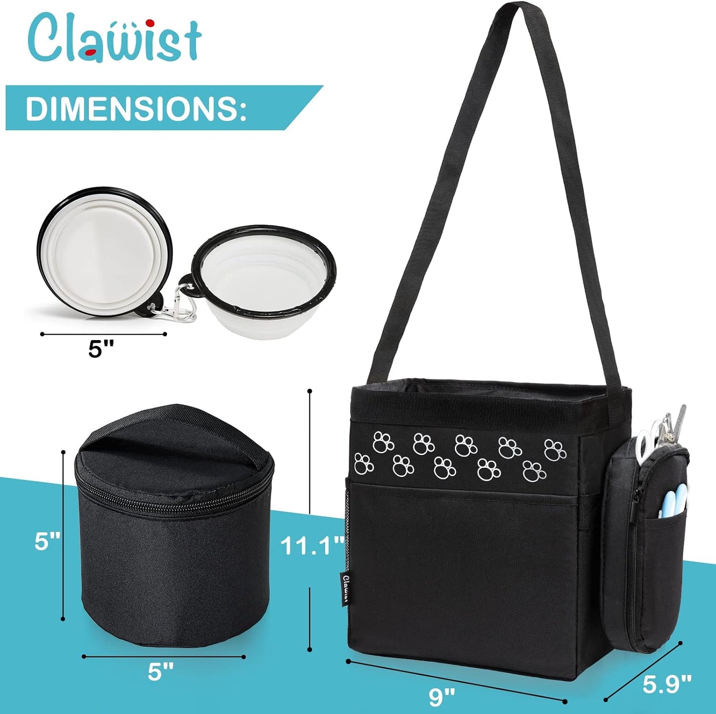 CLAWIST pet organizer kit with two food containers and two collapsible silicone bowls