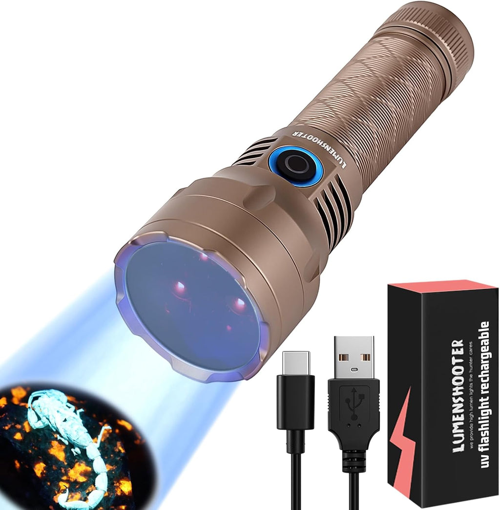 Lumenshooter S3U UV Flashlight front view displaying the bronze aluminum body and side power switch for professional inspections.