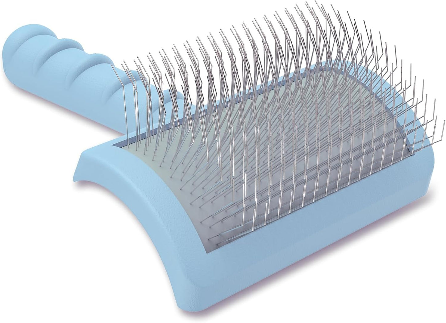 LBMBAIC dog brush angled view showing long stainless steel pins for detangling
