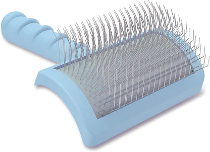 LBMBAIC dog brush angled view showing long stainless steel pins for detangling