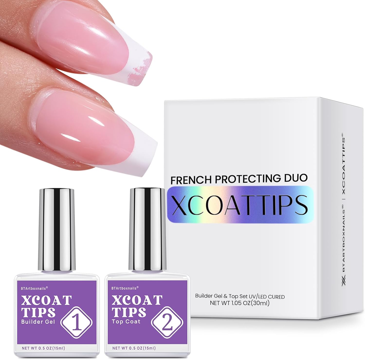BTArtboxnails XCOATTIPS French protecting duo builder gel and top coat set bottles