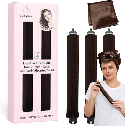 Luckybear Heatless Curls Overnight Rods Jumbo Set front view showcasing three brown velvet satin flexi rollers and a matching silk scarf