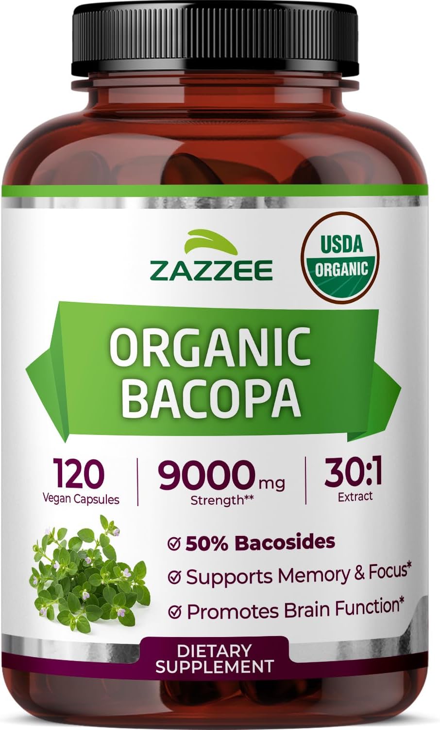 Zazzee USDA Organic Bacopa front view showing the 120 vegan capsules bottle for memory support.