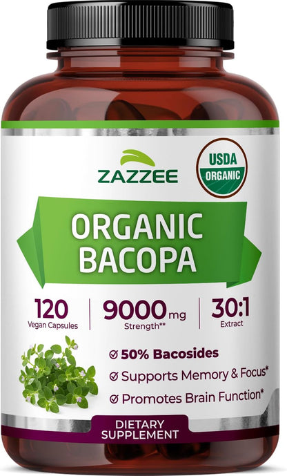 Zazzee USDA Organic Bacopa front view showing the 120 vegan capsules bottle for memory support.