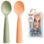 Miniware silicone baby spoon for training front view showcasing the modern pistachio and toffee self feeding design.