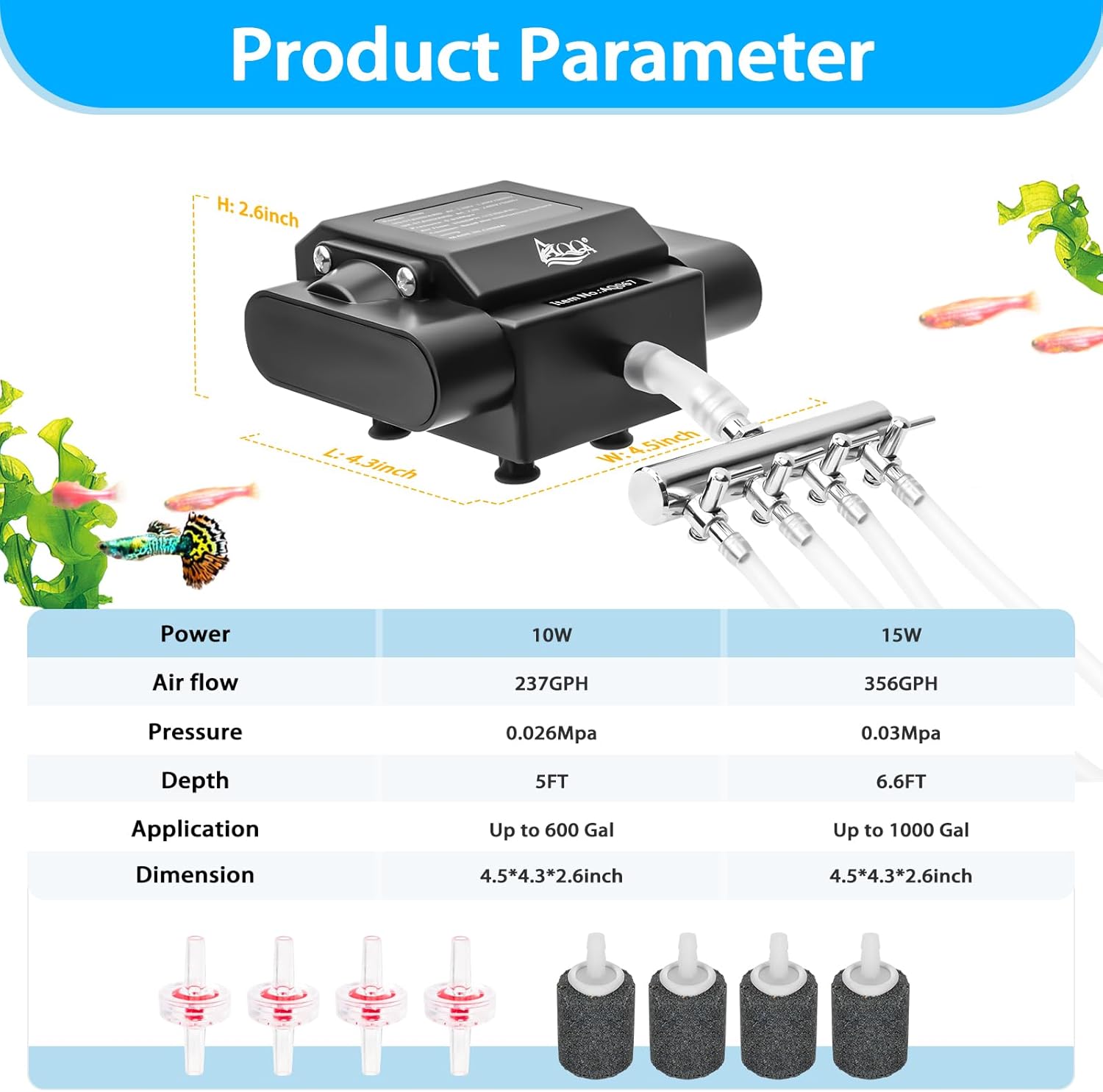 AQQA hydroponic air bubbler pump setup with included accessories.