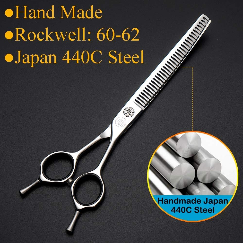 Moontay Japanese 440C stainless steel pet shears demonstrating the built-in quiet handle silencer.