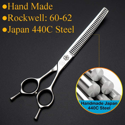 Moontay Japanese 440C stainless steel pet shears demonstrating the built-in quiet handle silencer.
