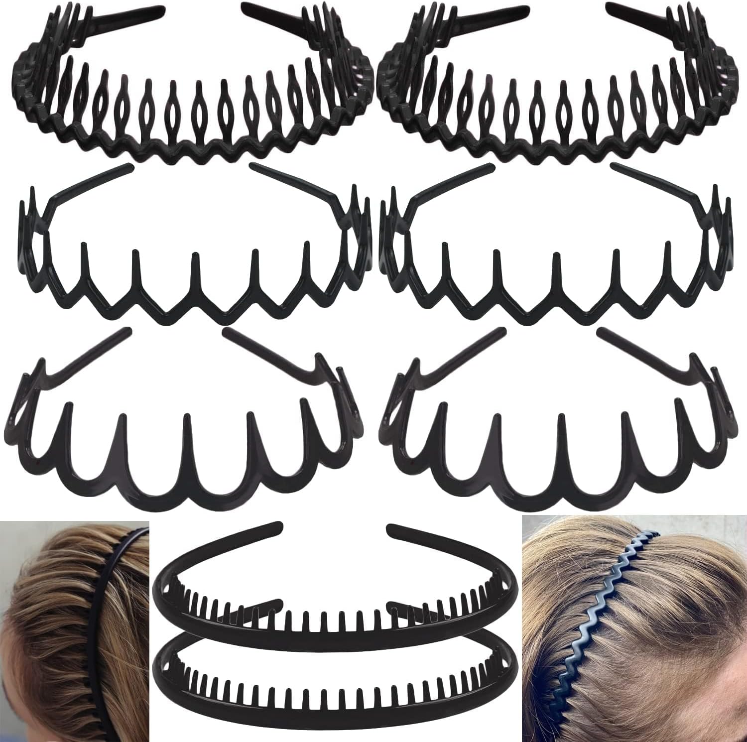 Ultimute 8 piece black plastic headband set front view