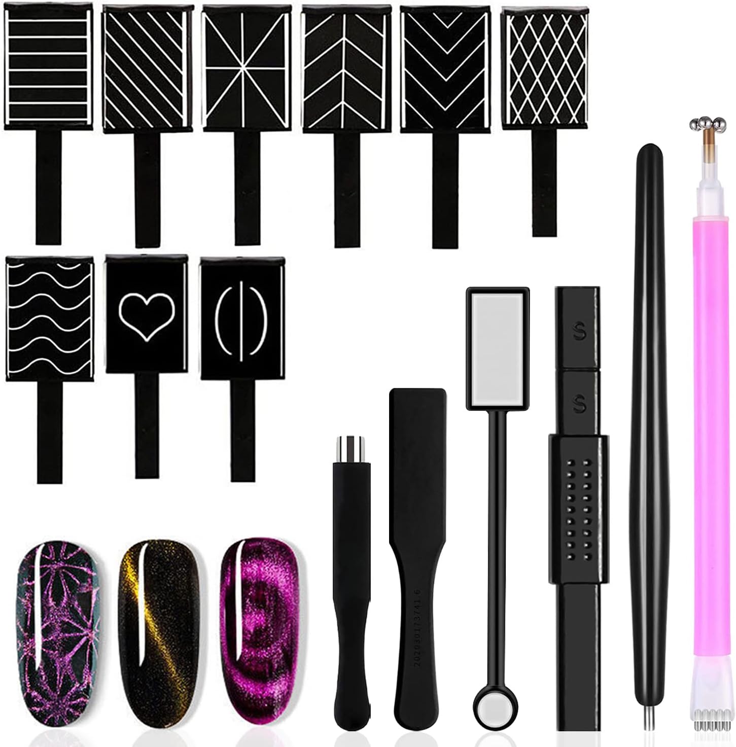 SILPECWEE 15 Piece Nail Magnet Set front view showing variety of magnetic wands and sticks for cat eye nail art.