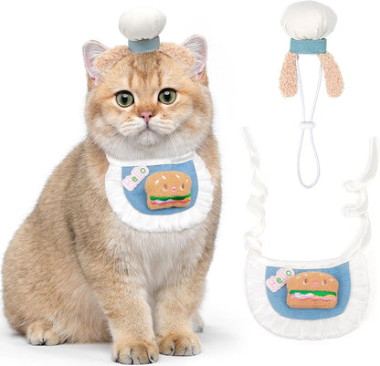 Side profile of cat in stylish pink pet beret and matching bib