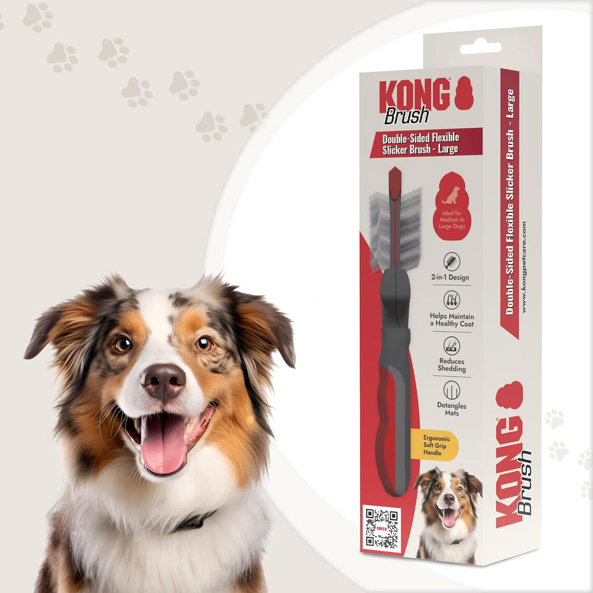 KONG Double-Sided Flexible Slicker Brush - De-Shedding & Detangling Tool, Padded Grip, Long Metal Pins, Flexible Head, for Medium to Large Dogs with Medium to Long Coats, Red/Gray - Image 9