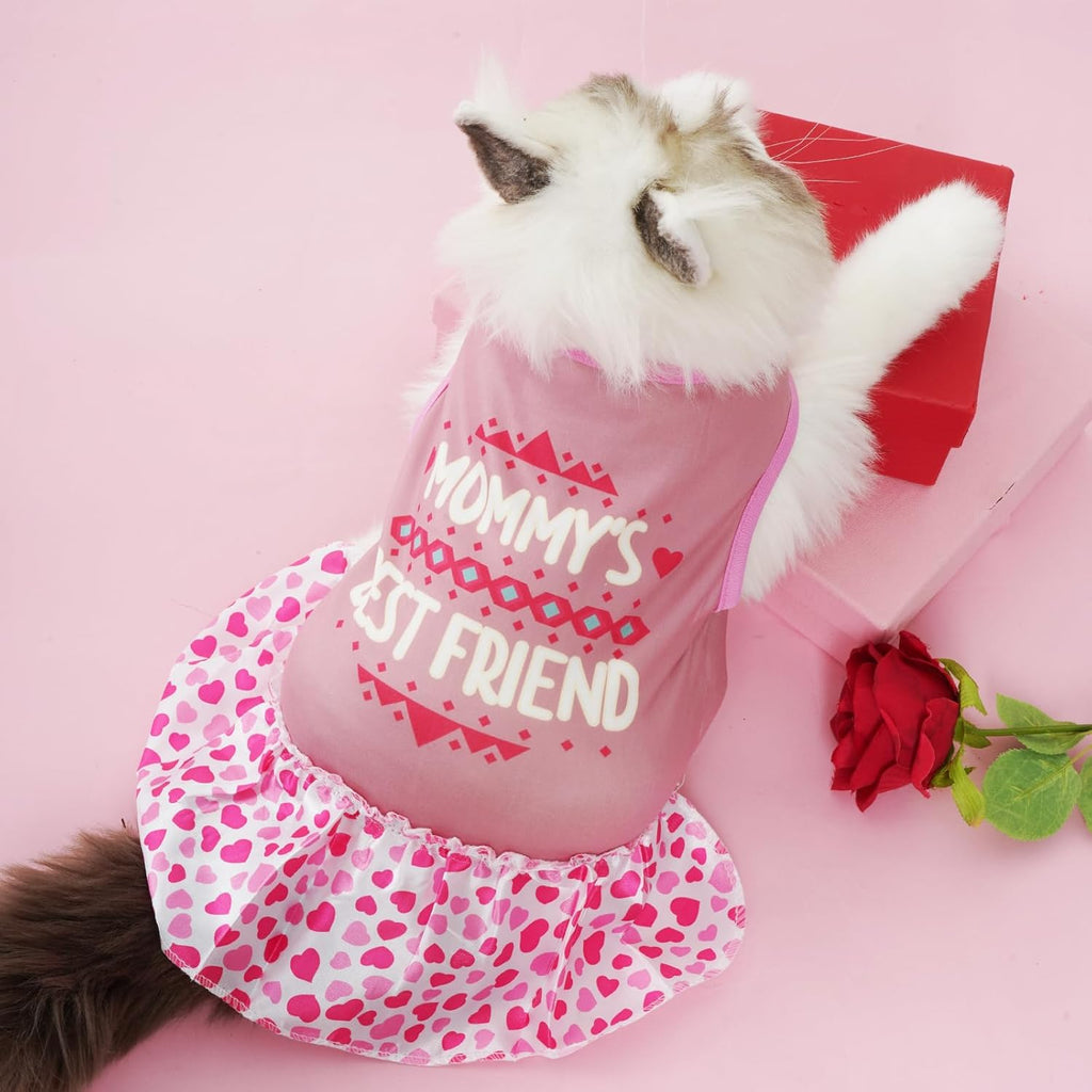 Back view of small breed girl dog clothes with festive graphic prints.