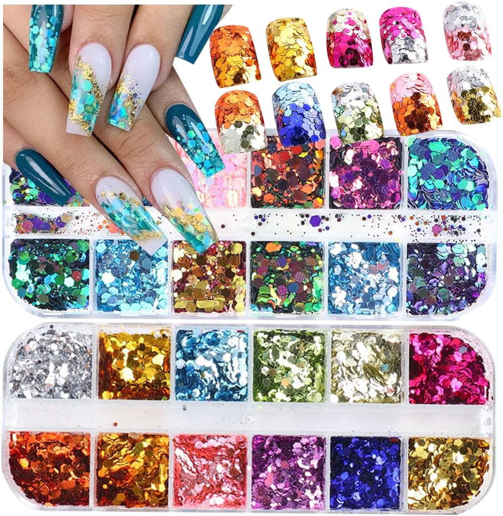 UARUOGP 2 Boxes 24 Colors Chameleon Holographic Glitter Mermaid Nail Art Sequins 3D Flakes Laser Gradient Nail Glitter Design Shiny Glitters Powder Accessories for Women Manicure DIY Decorations - Image 1
