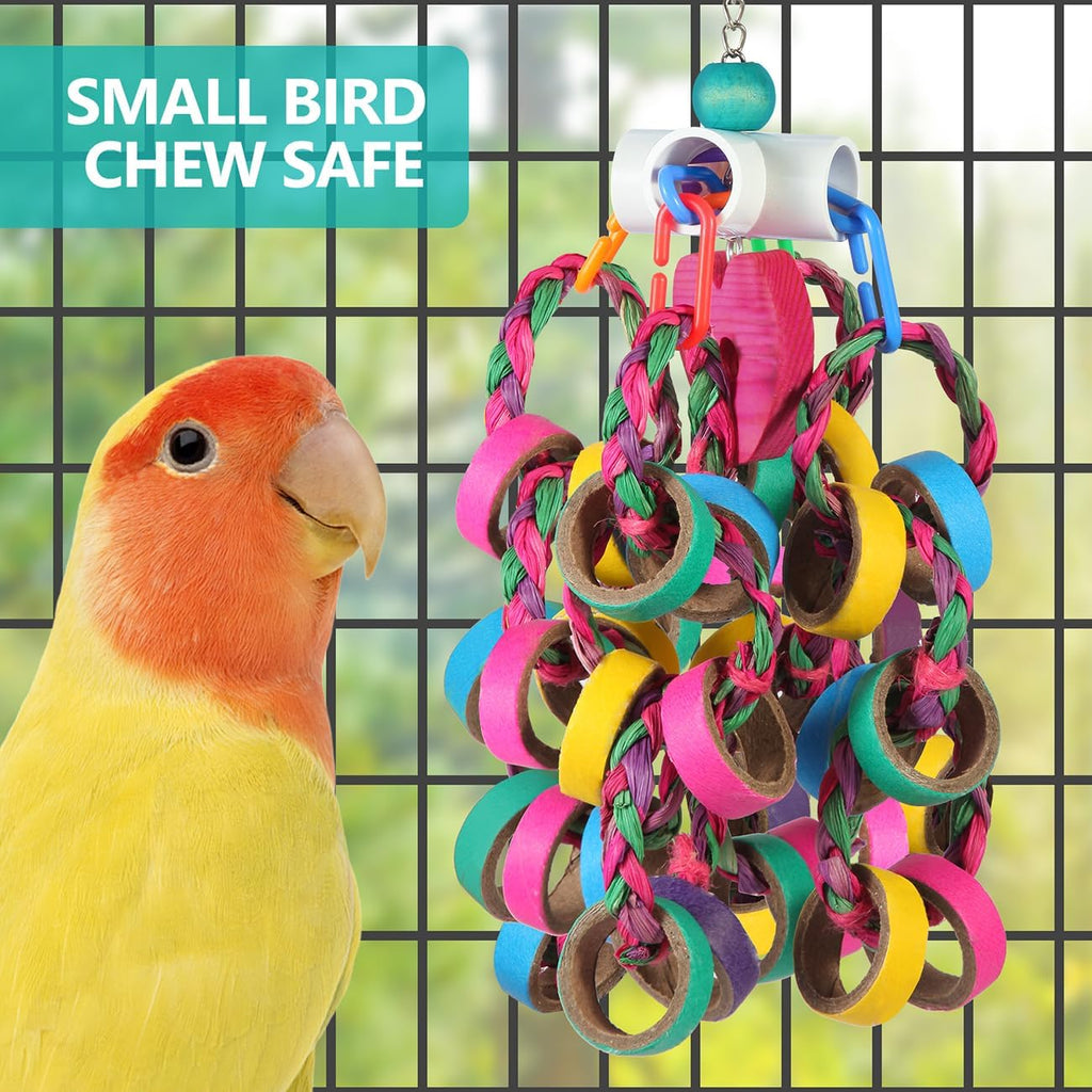 Detailed view of natural palm and corn husk textures on the bird toy.