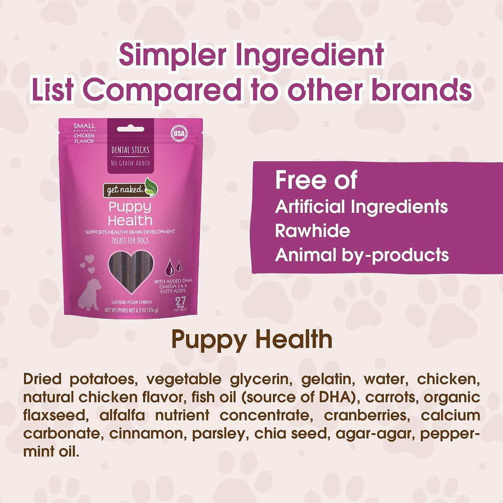 Get Naked Puppy Health chicken flavor dental sticks showing the textured surface for plaque reduction.