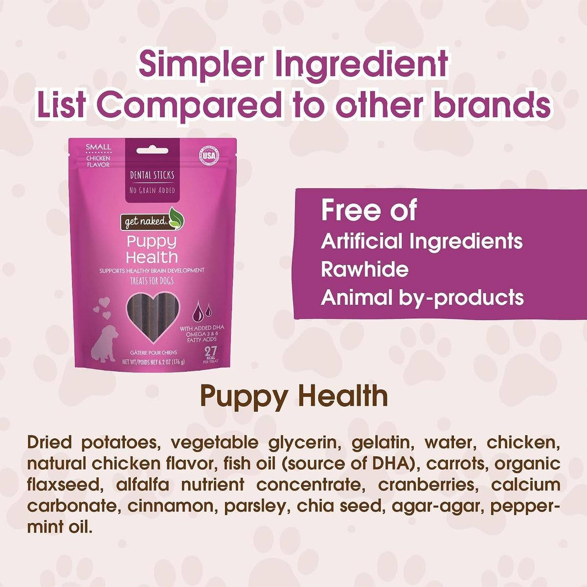 Get Naked Puppy Health chicken flavor dental sticks showing the textured surface for plaque reduction.