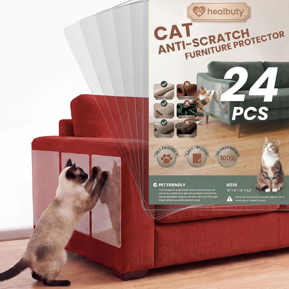 Cat Scratch Furniture Protector, 12 Pack Self Adhesive Tape, Heavy Duty Flexible Corner Guards for Couch, Sofa, Doors, Walls, Chairs, Armrests, No Residue, No Pins, Cat Scratch Protection Kit - Image 10