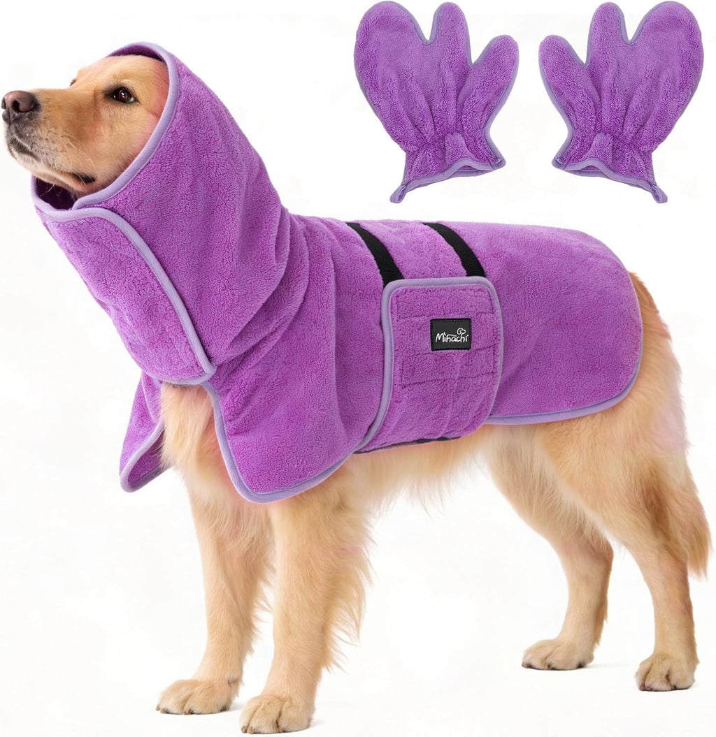 Mihachi Dog Bathrobe Towel Wrap Fast Drying with Drying Gloves Set, Super Absorbent Coral Fleece Dog Drying Coat Bath Robe for Puppy, Medium & Large Dogs, Adjustable Collar & Belly Strap, Blue L - Image 9