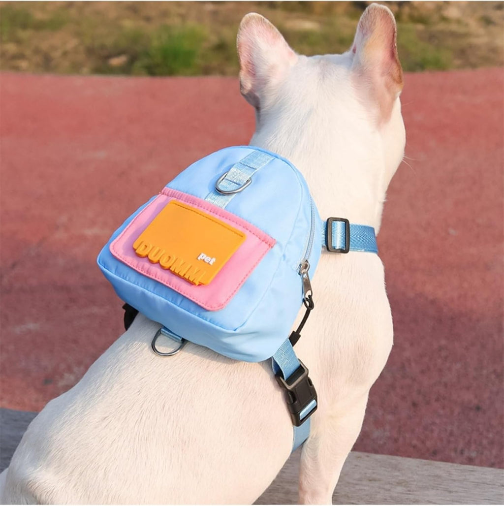 Smileshiney dog backpack harness front view showing the blue adjustable straps and top D-ring.