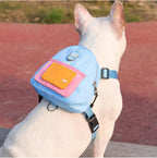Smileshiney dog backpack harness front view showing the blue adjustable straps and top D-ring.