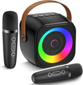 Pxzvd mini karaoke machine front view showing compact black speaker with glowing RGB LED light ring and leather handle