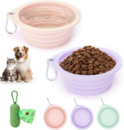 3 Pack Collapsible Dog Bowls,Pet Bowls with Pet Poop Bag Dispenser Set,Portable Silicone Travel Dog Bowls for Walking,Hiking,Camping,Outdoor Travel(Pink&Green) - Image 10