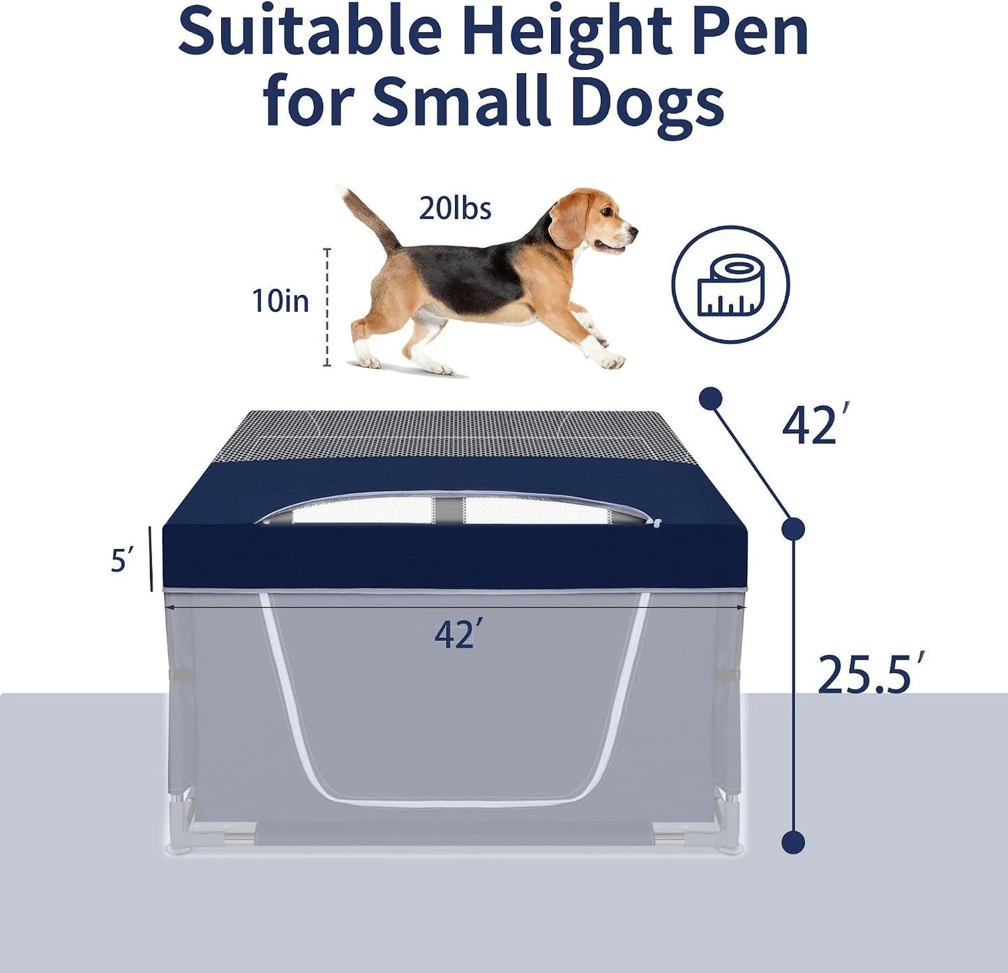 Navy blue soft fabric puppy playpen topper installed on a square indoor pet enclosure